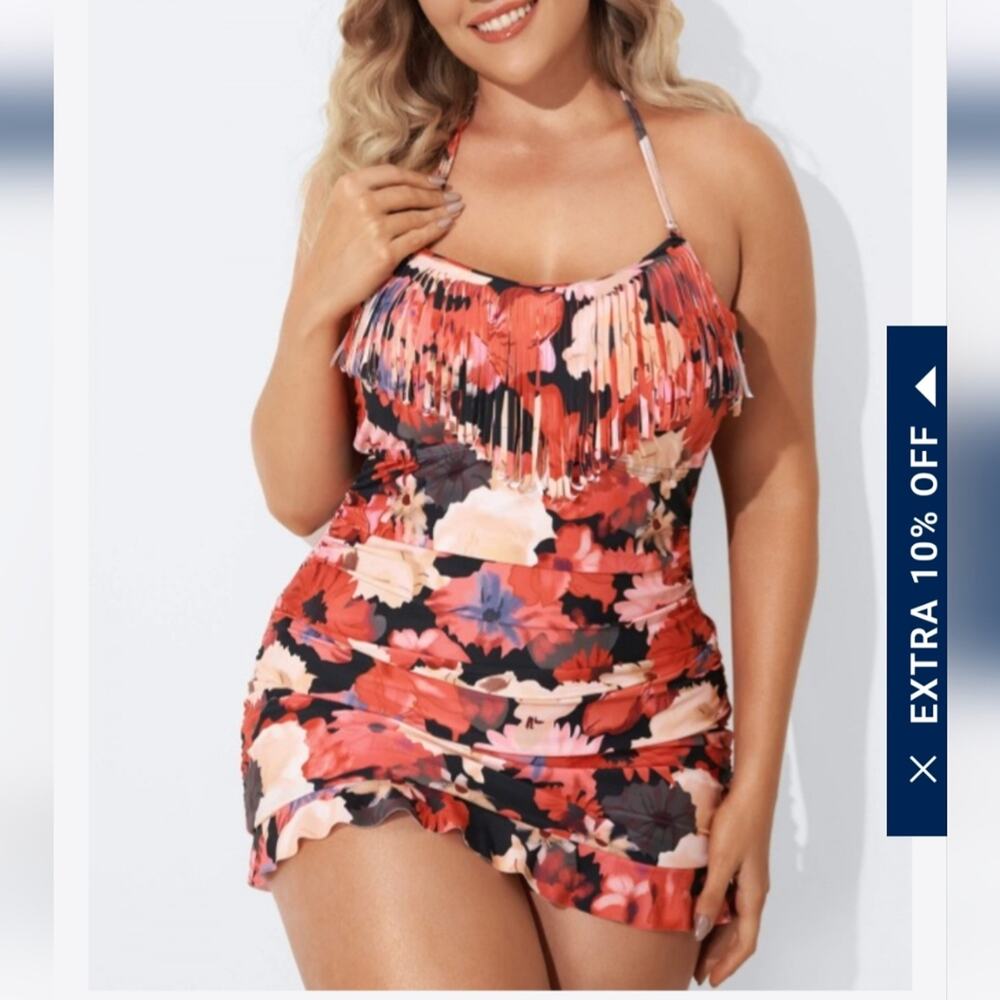 Meet Curve Technicolor Flower Print Ruffle Hem Bandeau Swimdress